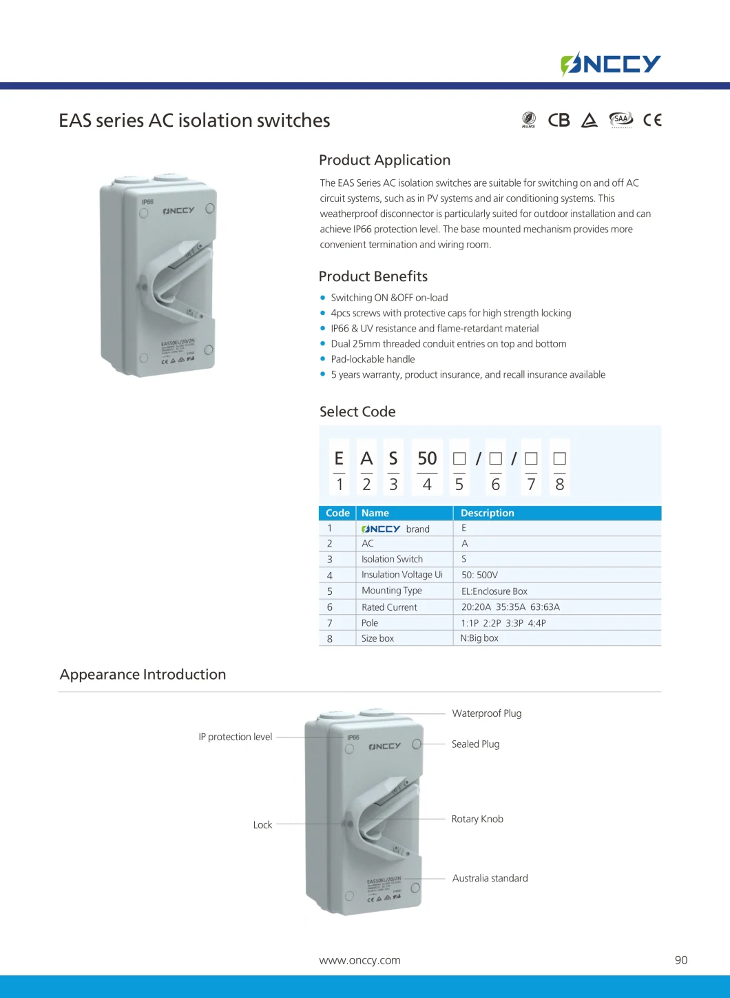 EAS50 Series of Protected Isolating Switch Isolator Switch IP66 32A